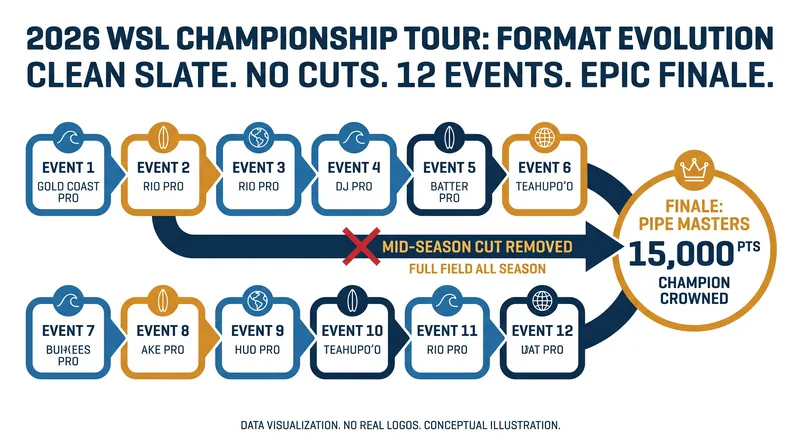 The 2026 season abandons the one-day finals format for a cumulative points race ending at Pipeline.