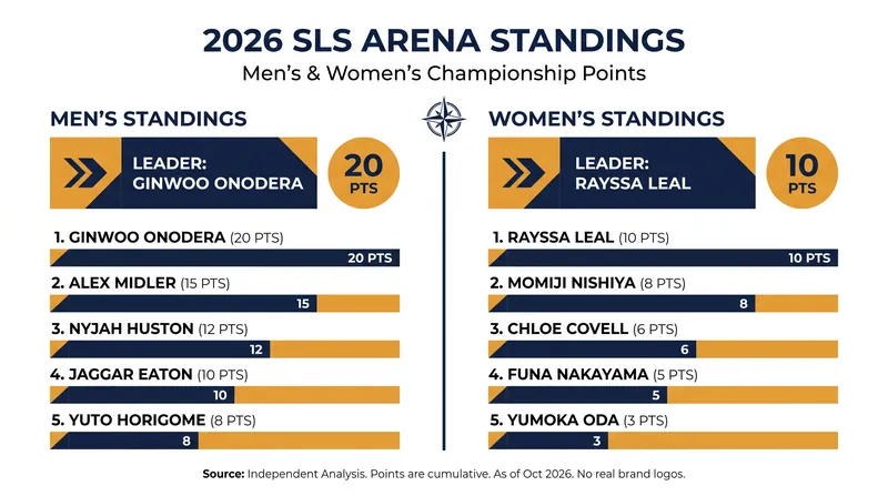 Early leaders in the 2026 Street League Skateboarding standings.