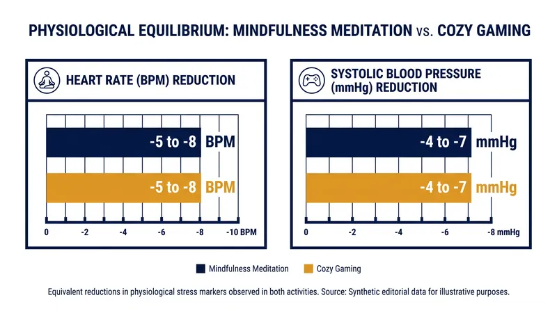Clinical studies show casual gaming can lower heart rate and blood pressure as effectively as guided meditation.