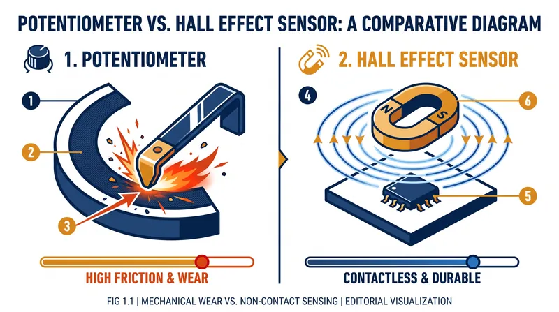 Traditional potentiometers rely on physical friction, while Hall Effect sensors measure magnetic fields contact-free.