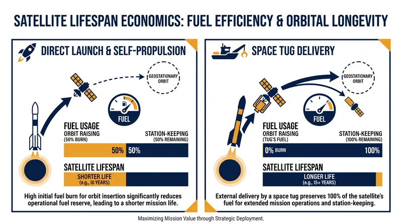 By saving onboard fuel during the initial orbit-raising phase, satellites can operate for years longer.