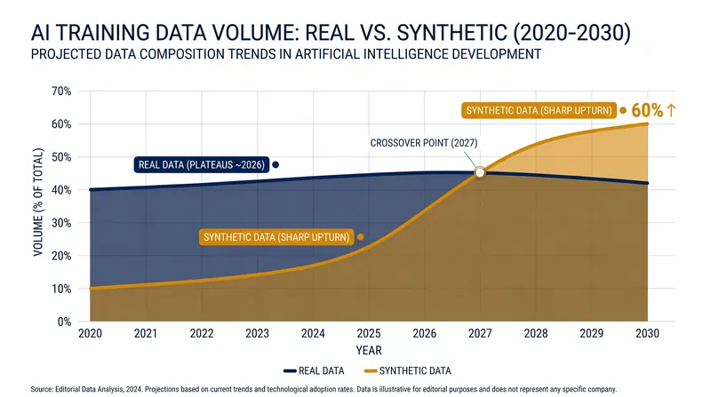 Industry analysts project that synthetic data will soon surpass real-world data in AI training pipelines.