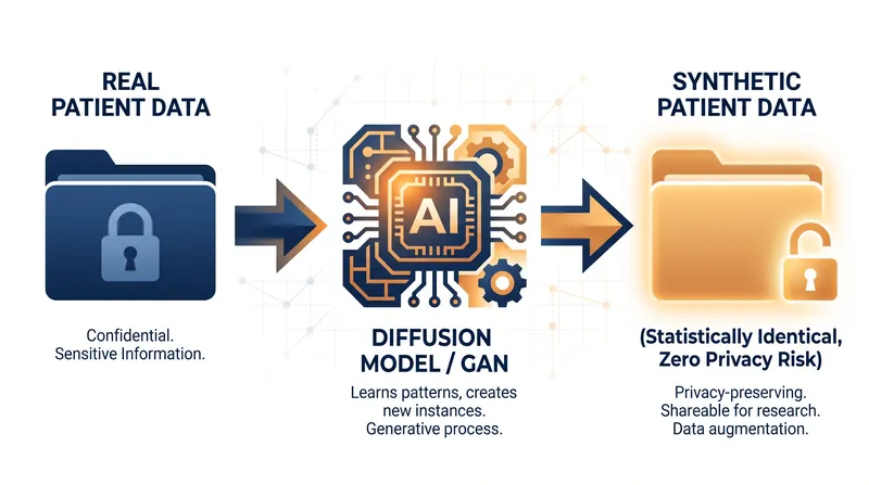 AI models learn the mathematical structure of real data to generate entirely new, privacy-safe datasets.