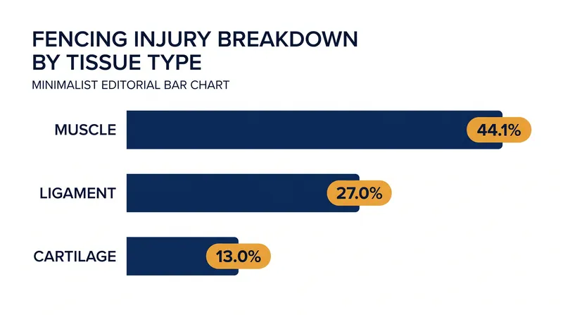 Muscle strains and ligament tears make up the bulk of tissue damage suffered by elite fencers during training.