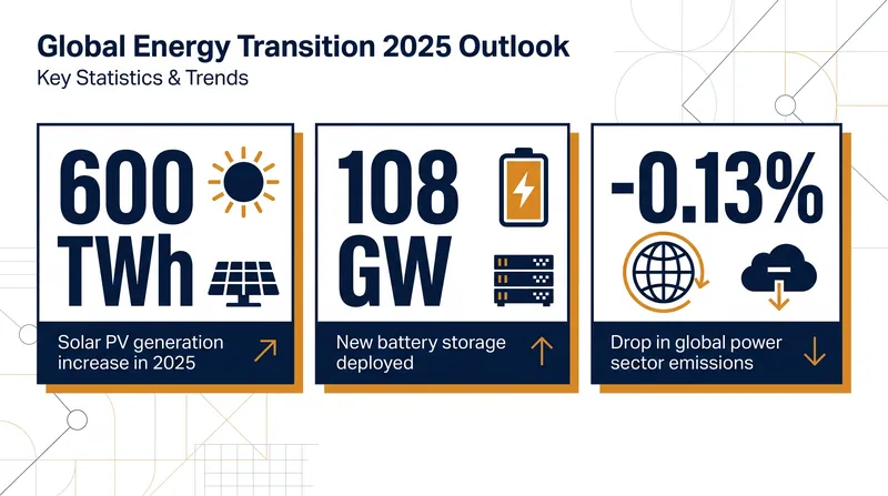 The 2025 energy transition by the numbers, highlighting record growth in renewables and a historic dip in power sector emissions.