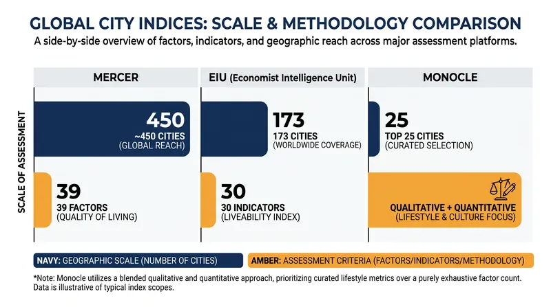 Mercer analyzes the highest number of specific factors and cities, reflecting its granular corporate utility.