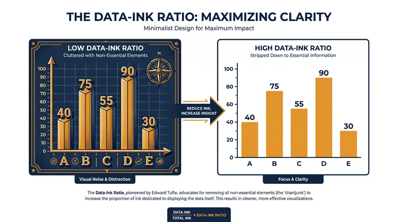 Edward Tufte's 'data-ink ratio' advocates for removing all non-essential visual elements from a chart.