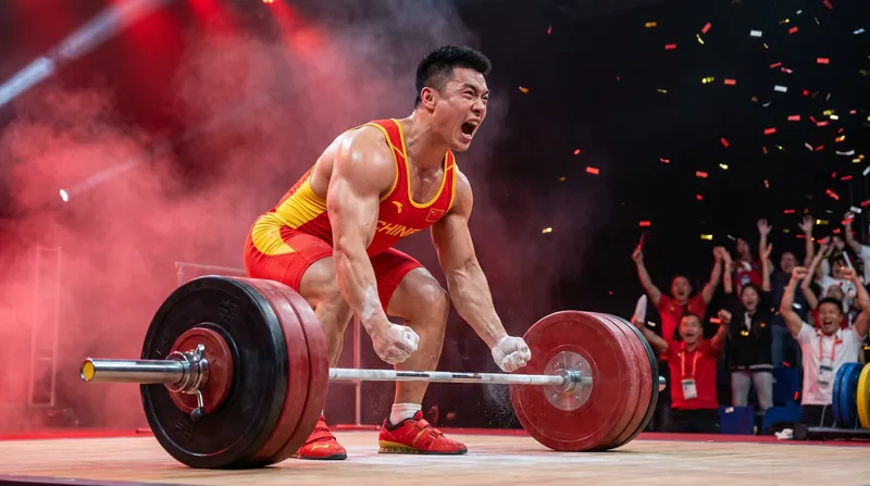 China's He Yueji set a new total world record of 329 kg in the 65-kg class.