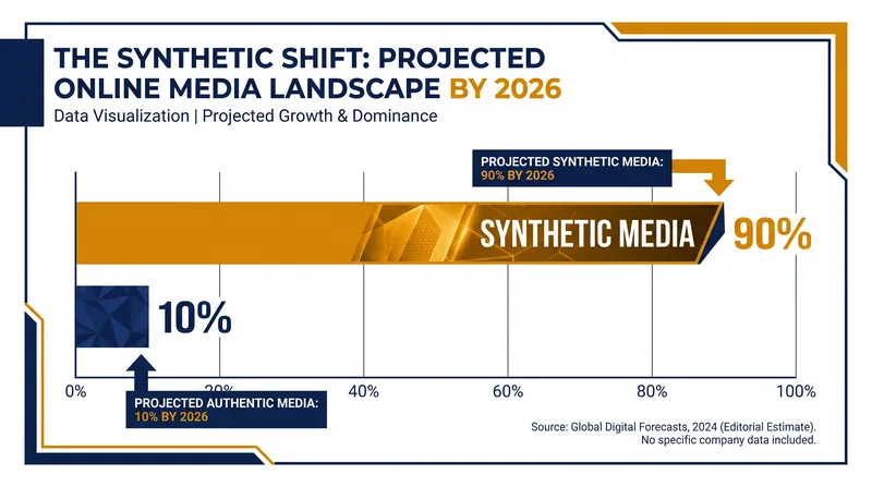 Synthetic media is projected to account for a vast majority of online content by the end of 2026.