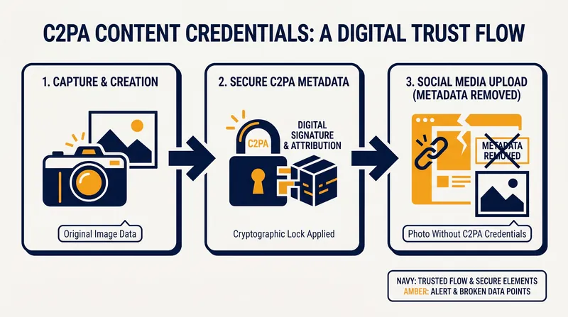 Content Credentials provide cryptographic proof of origin, but are often stripped by social media platforms.
