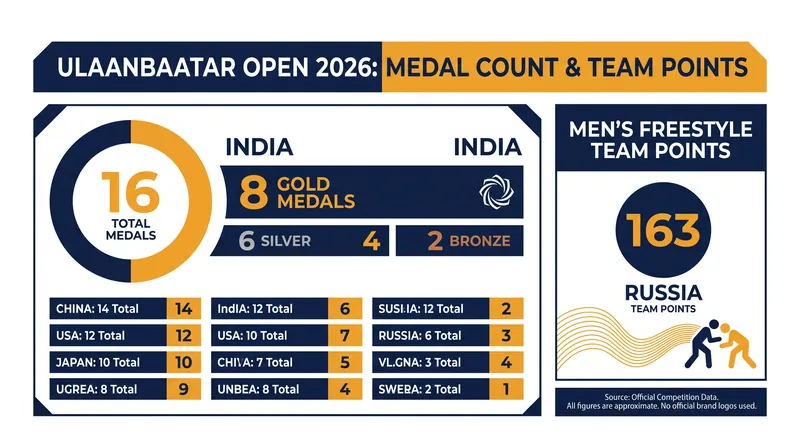 India dominated the podium at the Ulaanbaatar Open, securing 16 medals across all disciplines.