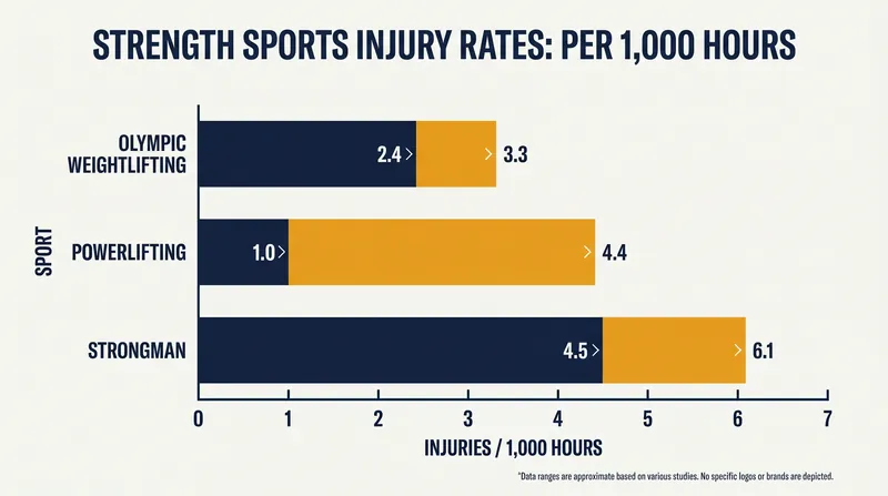 Olympic weightlifting carries a moderate injury rate compared to other heavy strength sports, primarily driven by cumulative wear and tear.