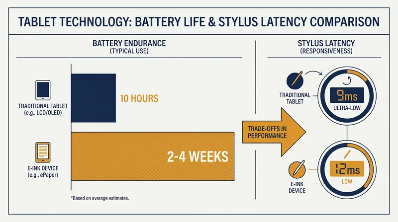 While iPads hold a slight edge in stylus speed, e-ink devices offer exponentially longer battery life.