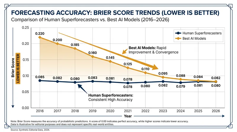 While AI models are rapidly improving, elite human forecasters still maintain a measurable accuracy advantage.
