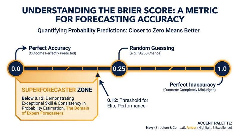 The Brier score measures the accuracy of probabilistic predictions, with lower scores indicating better performance.