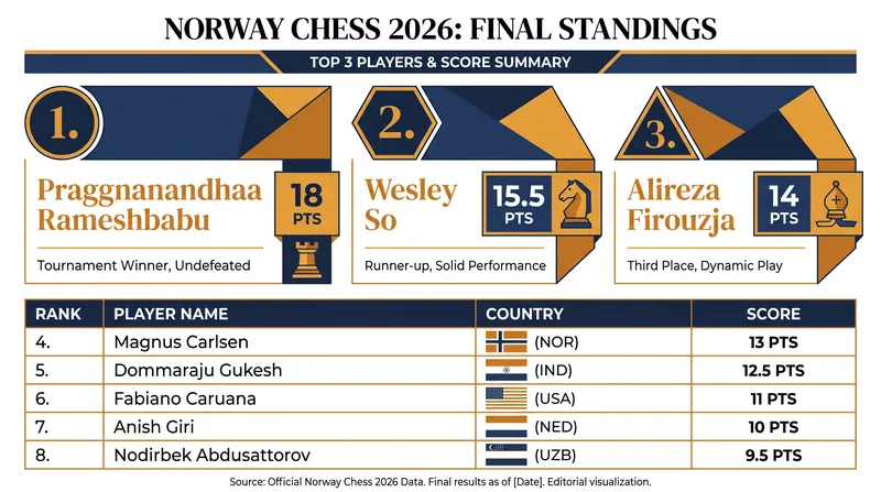 Final podium standings for the Norway Chess 2026 classical tournament.