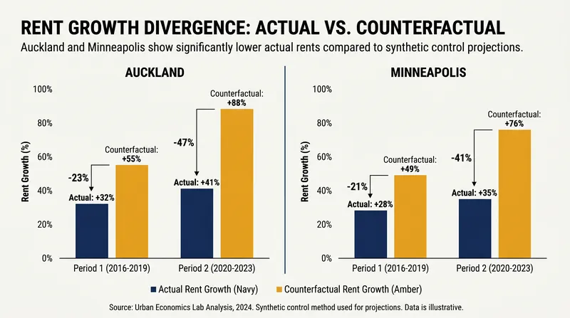 Synthetic control studies show rents in reformed cities are up to 34% lower than they would have been without upzoning.