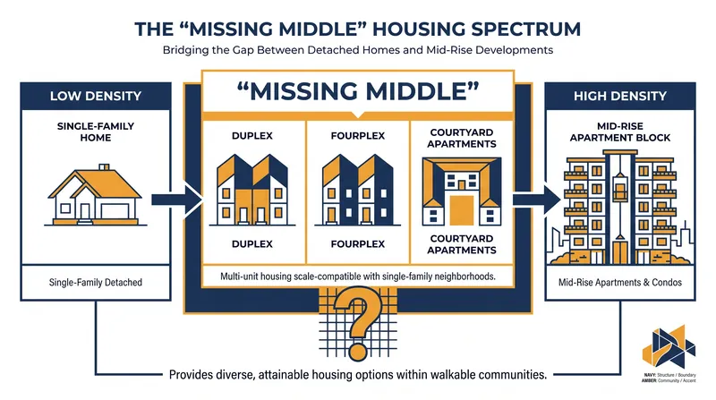 Missing middle housing bridges the gap between single-family homes and large apartment complexes.