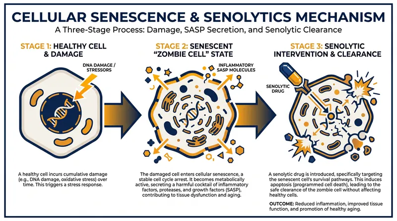 How senolytics work: by selectively targeting damaged cells that evade natural cell death, these compounds reduce systemic inflammation.