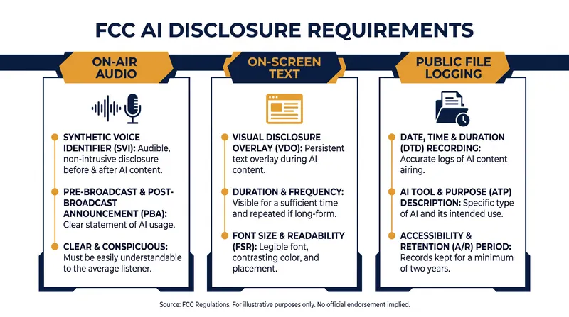 The FCC's framework requires multi-layered disclosures for synthetic media.
