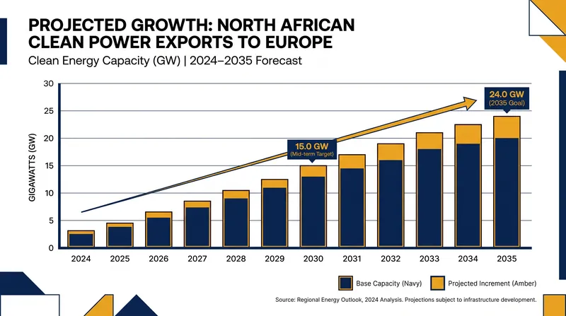 Rystad Energy forecasts that North Africa could supply up to 24 GW of clean power to Europe by 2035.