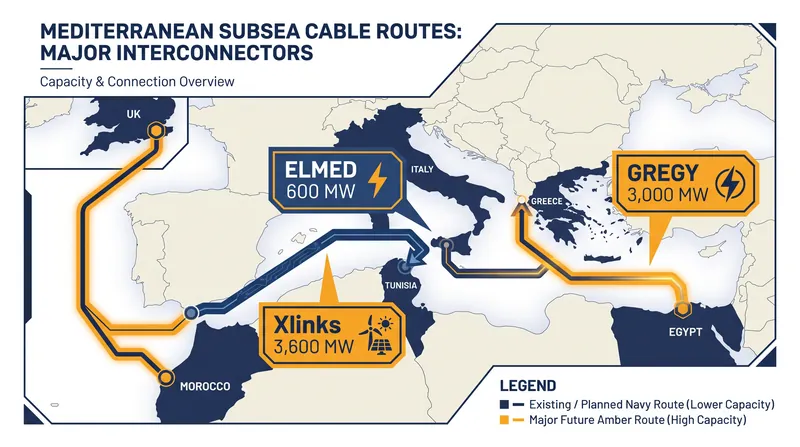 The three flagship interconnectors designed to bridge the Euro-African energy gap.