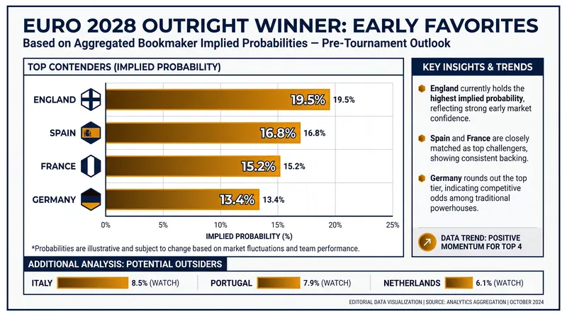 Early projections place England and defending champions Spain as the narrow favorites to lift the trophy.