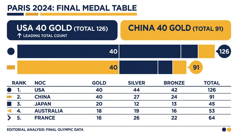 The United States and China tied for the most gold medals, but Team USA secured the overall crown via total medals.