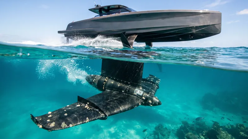 Underwater wings create a pressure difference that generates upward lift, similar to an airplane.