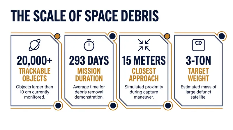 Key figures from the ADRAS-J mission and the broader orbital debris challenge.