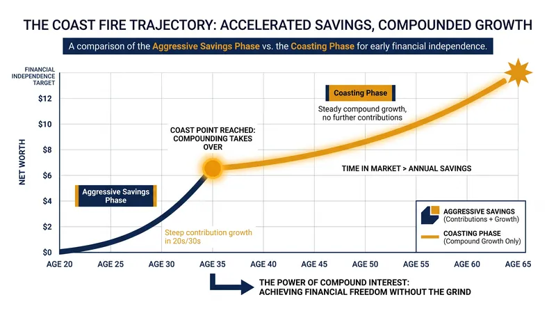 Once the initial savings target is hit, compound interest takes over the heavy lifting.