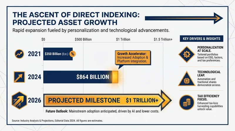 Direct indexing assets are projected to cross the $1 trillion mark in 2026.