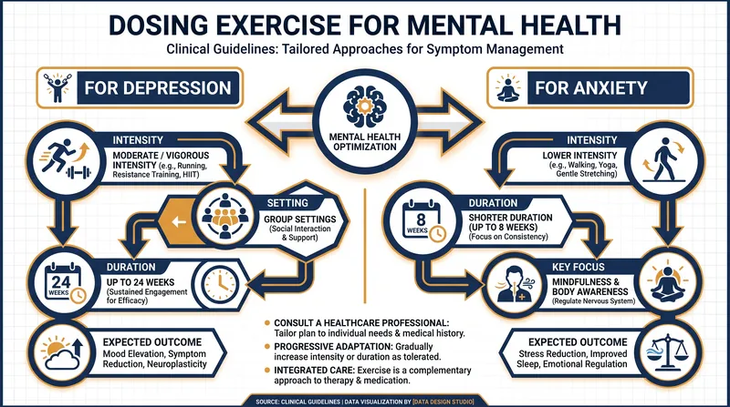 The optimal exercise prescription diverges depending on whether the primary diagnosis is depression or anxiety.