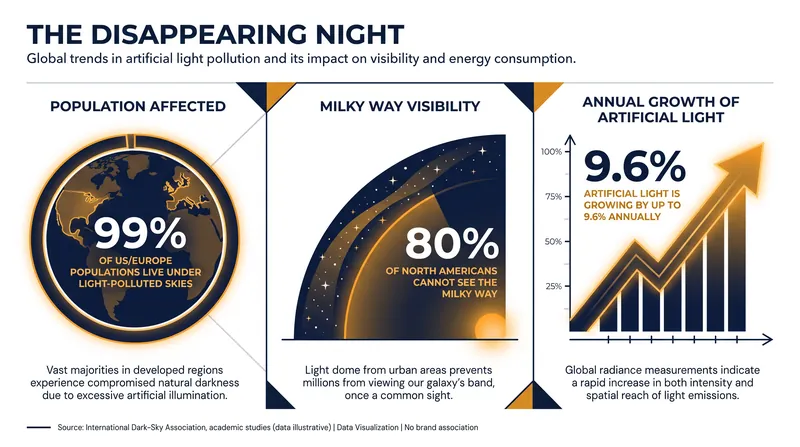 Artificial light at night is expanding rapidly, erasing the stars for the vast majority of the developed world.