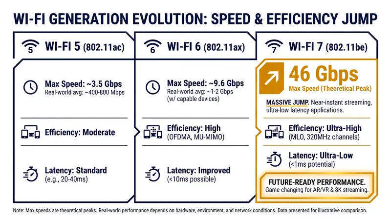 The theoretical speed limits of Wi-Fi generations have increased exponentially.