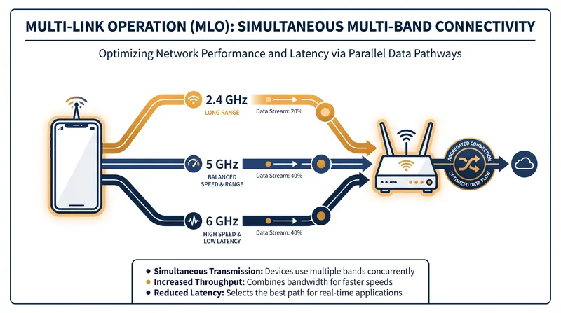 Multi-Link Operation allows devices to use multiple frequency bands simultaneously, drastically reducing latency.