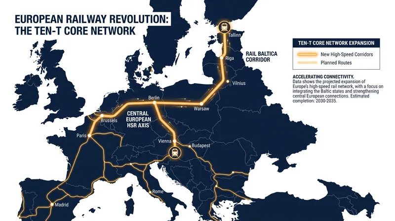 The Trans-European Transport Network (TEN-T) aims to eliminate cross-border bottlenecks and unify the continent's rail gauge.