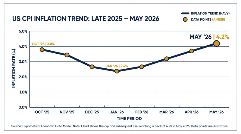 US inflation has reversed its downward trend, accelerating to 4.2% in May 2026.