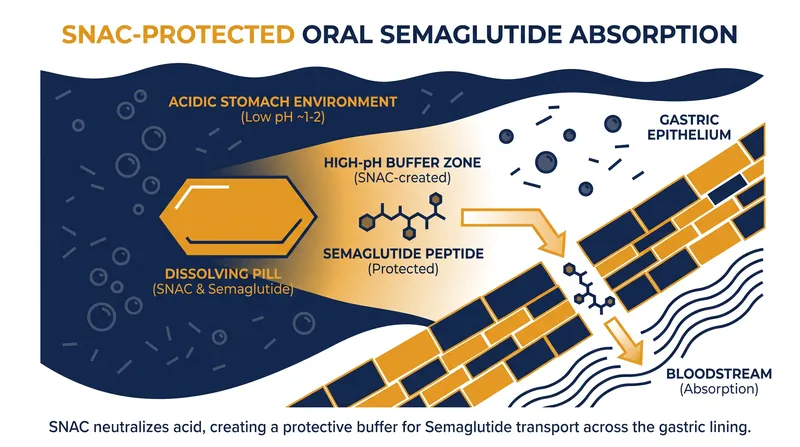 SNAC technology creates a localized buffer, allowing the peptide to cross the stomach lining intact.