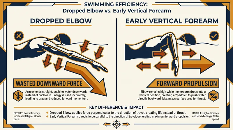 A dropped elbow pushes water down, lifting the body and creating drag. EVF pushes water back, creating forward speed.