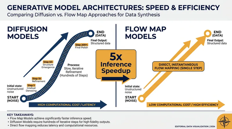 Unlike diffusion models that take hundreds of tiny steps, flow maps allow the AI to jump directly to the final molecular structure.