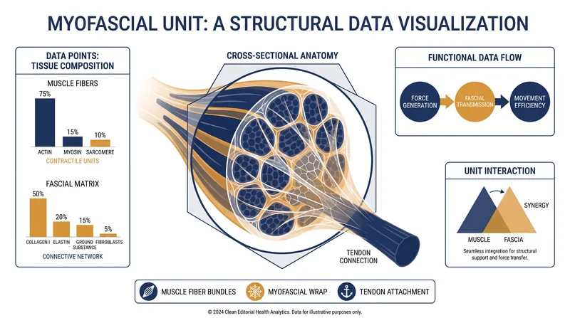 Fascia acts as a continuous 3D web, wrapping around muscle fibers and transmitting force.