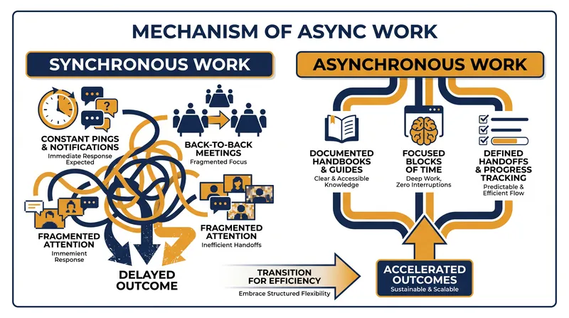 The operational shift from real-time reactions to documented, self-paced execution.
