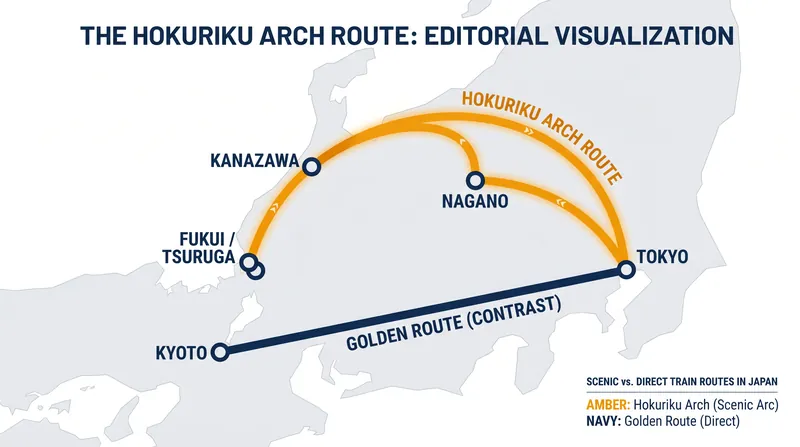 The Hokuriku Arch route funnels travelers through the Japanese Alps and down the western coast before reaching Kansai.