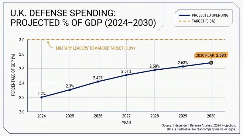 The government's current investment plan projects defense spending to reach just 2.68% of GDP by 2030, well short of the 3% target.