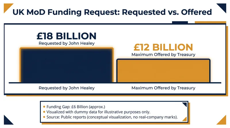 The Treasury refused to meet the Ministry of Defence's £18 billion funding request, capping the settlement at £12 billion.