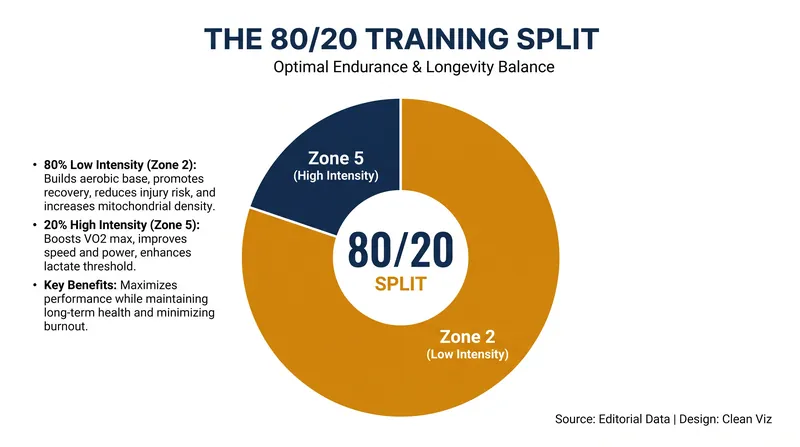 Elite endurance coaches and longevity experts recommend spending roughly 80 percent of training time in Zone 2.