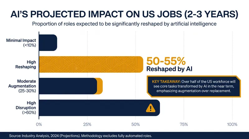 Labor economists predict AI will fundamentally reshape the daily tasks of most roles rather than eliminating them entirely.