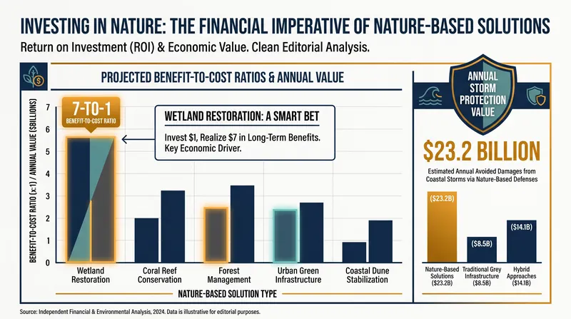 Nature-based solutions offer significant economic returns by avoiding costly storm damage.