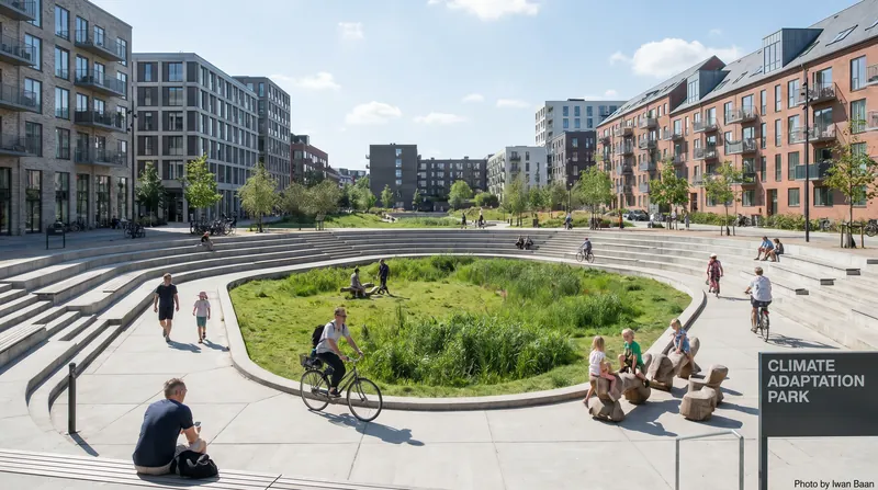 Parks designed as temporary retention basins offer recreational space on dry days and vital flood protection during storms.